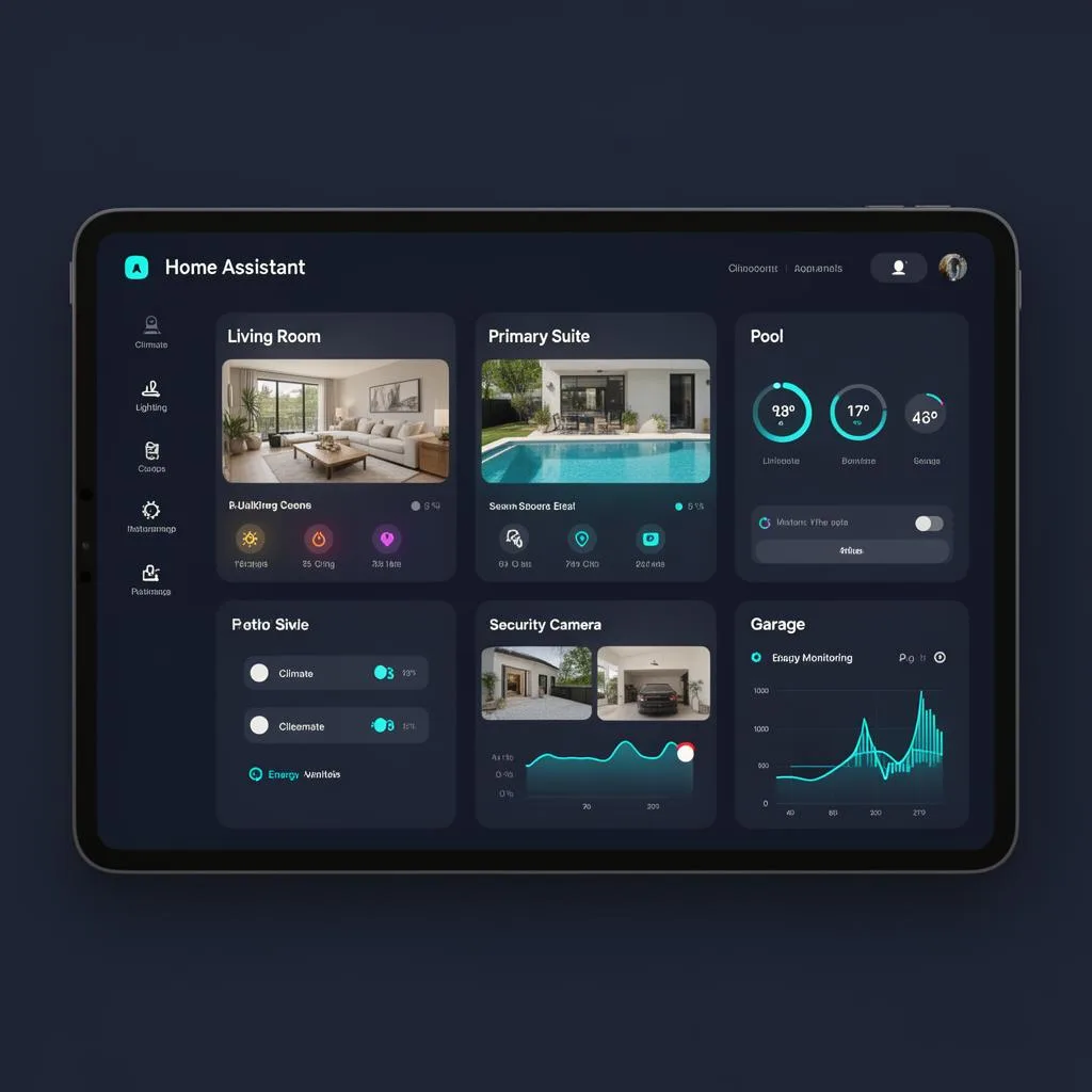 Reference Home Assistant dashboard showing room controls and energy monitoring